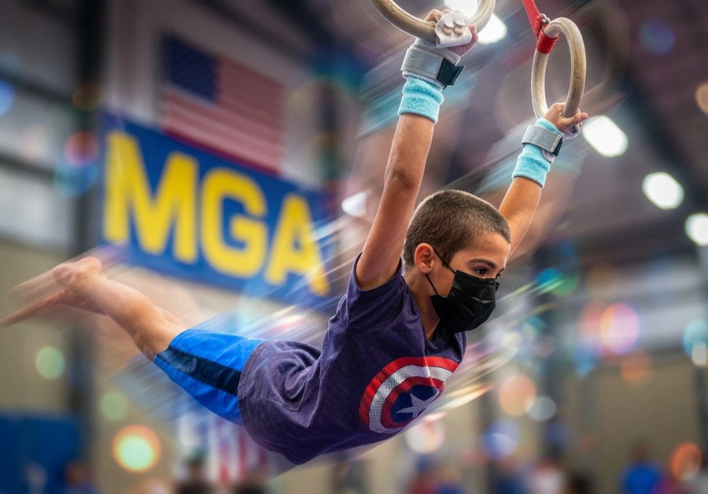 A digital illustration of a boy in a mask and Captain America shirt on the gymnastic rings