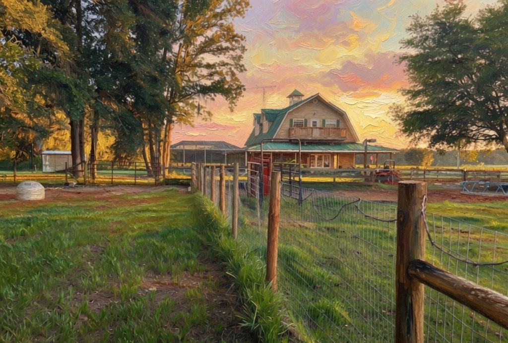 A two-story barn-style house with a green tin roof glowing beneath a pink and orange sunset sky, framed by mature trees and a wire fence