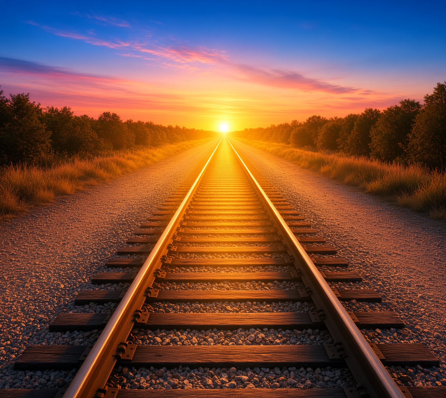 Railroad tracks stretching toward a blazing sunset at the vanishing point