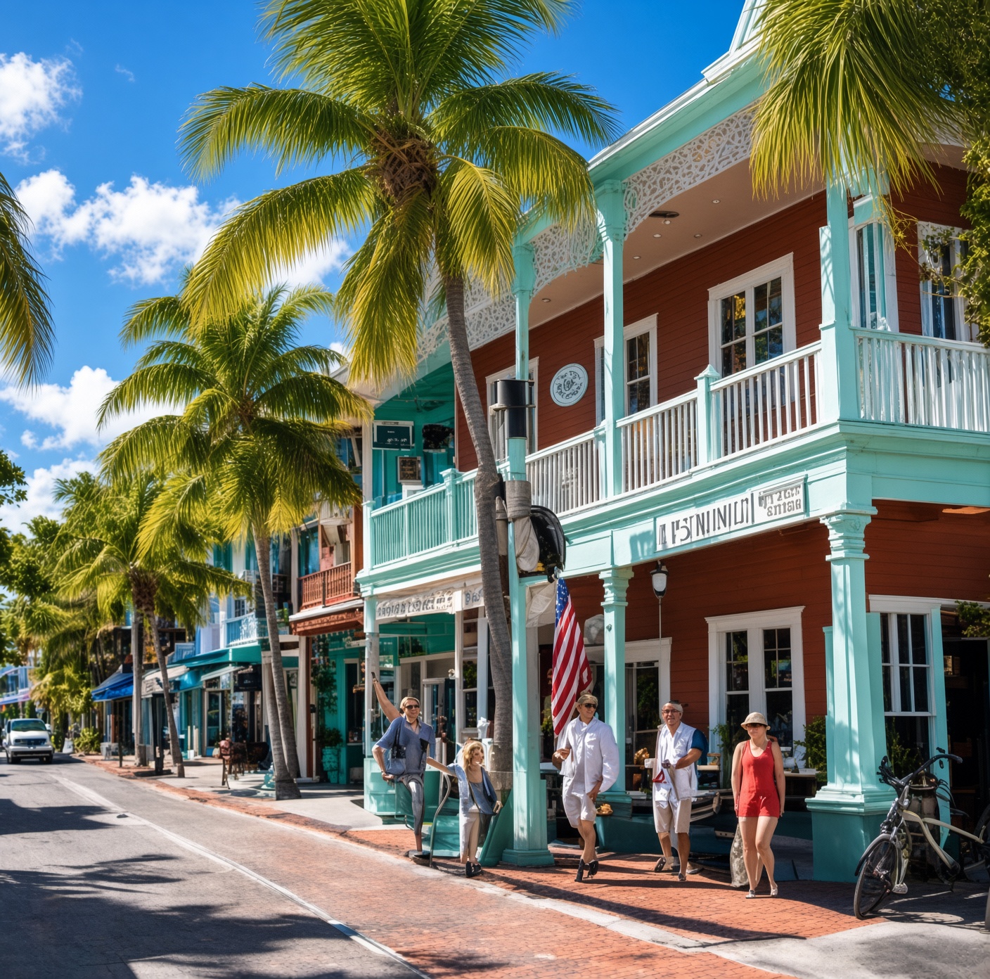 A colorful Key West street lined with palm trees and pastel colonial buildings