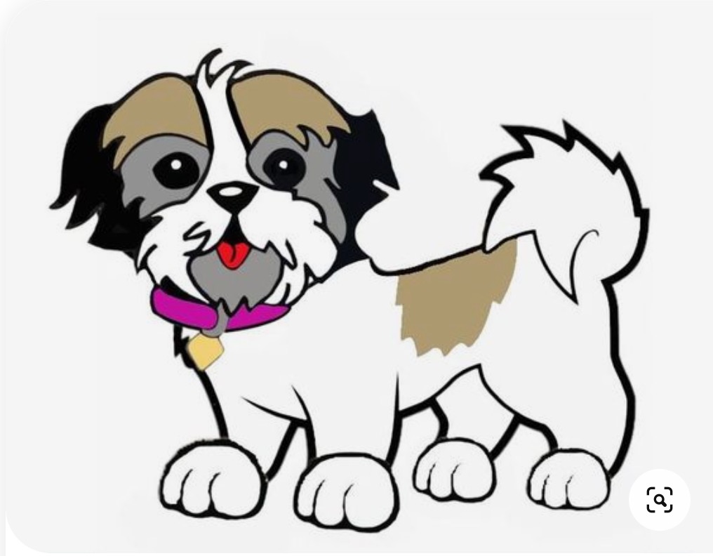 A tan and white shih tzu cartoon dog wearing a magenta collar