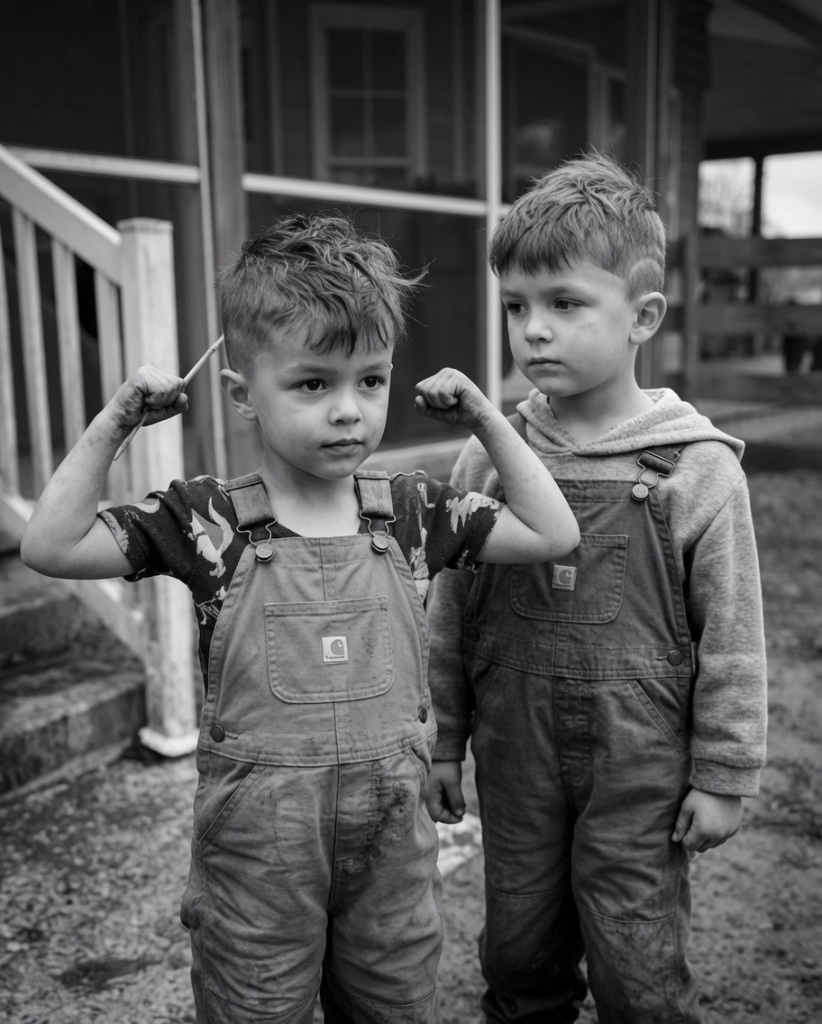 Two little guys in Carhartt overalls flexing their muscles out by the farm porch