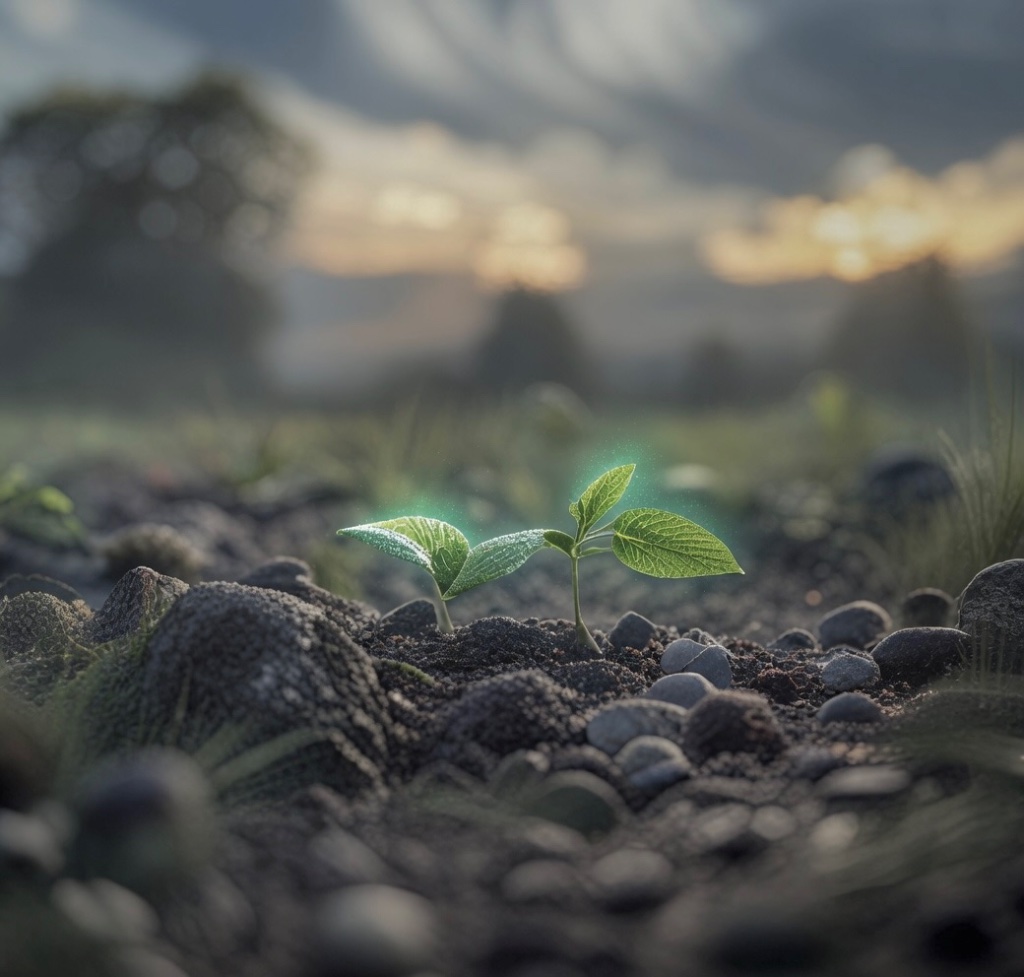 Two small green sprouts pushing up through dark rocky soil, lit with a soft teal glow against a golden-hour haze