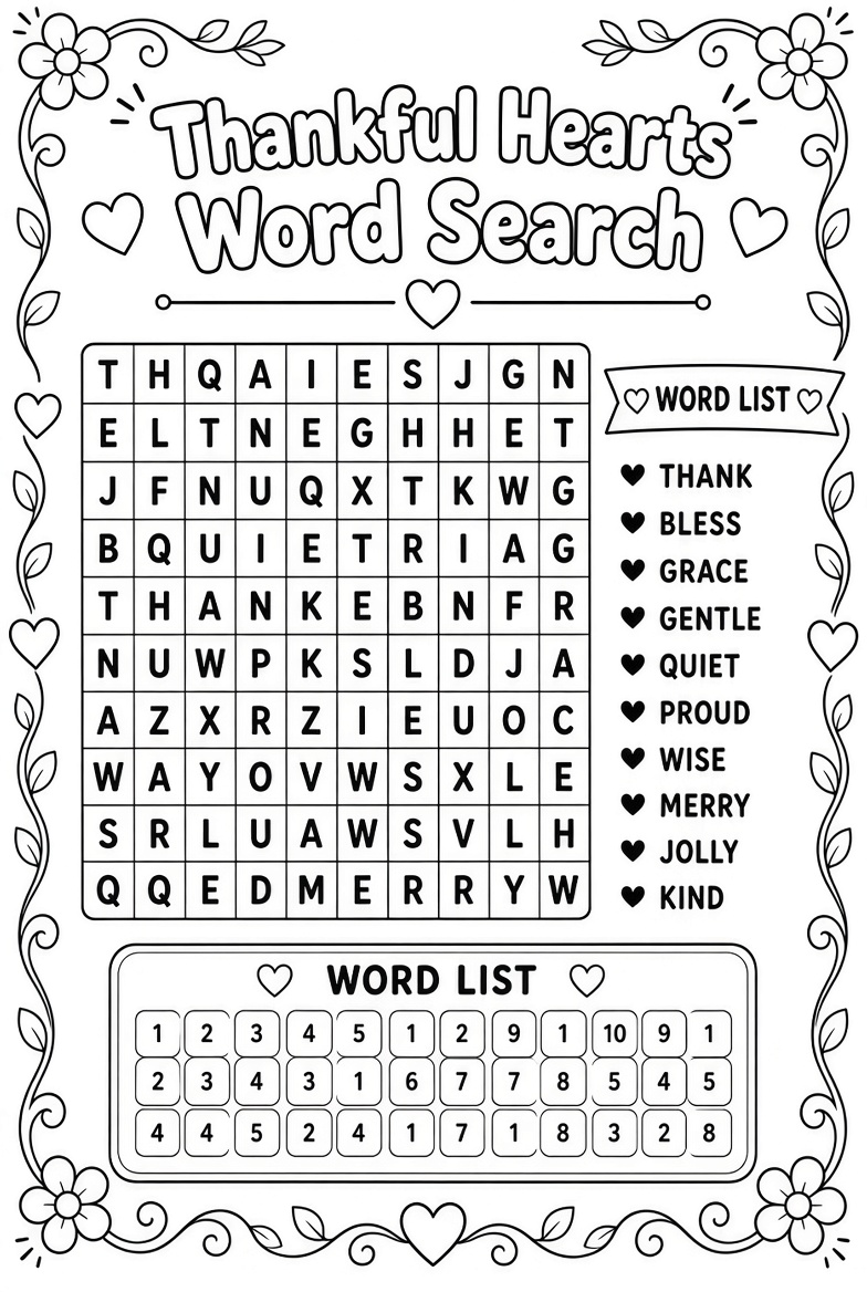 Thankful Hearts Word Search