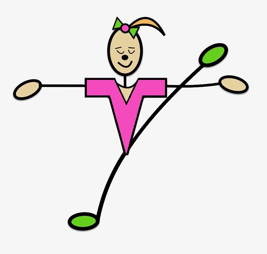 A stick figure girl with a pink triangular dress and green hands and feet