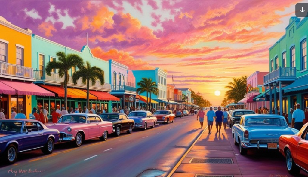 Classic cars lining a colorful sunset street