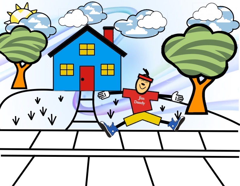 "Jim Dandy" in his neighborhood, jumping in front of his blue house
