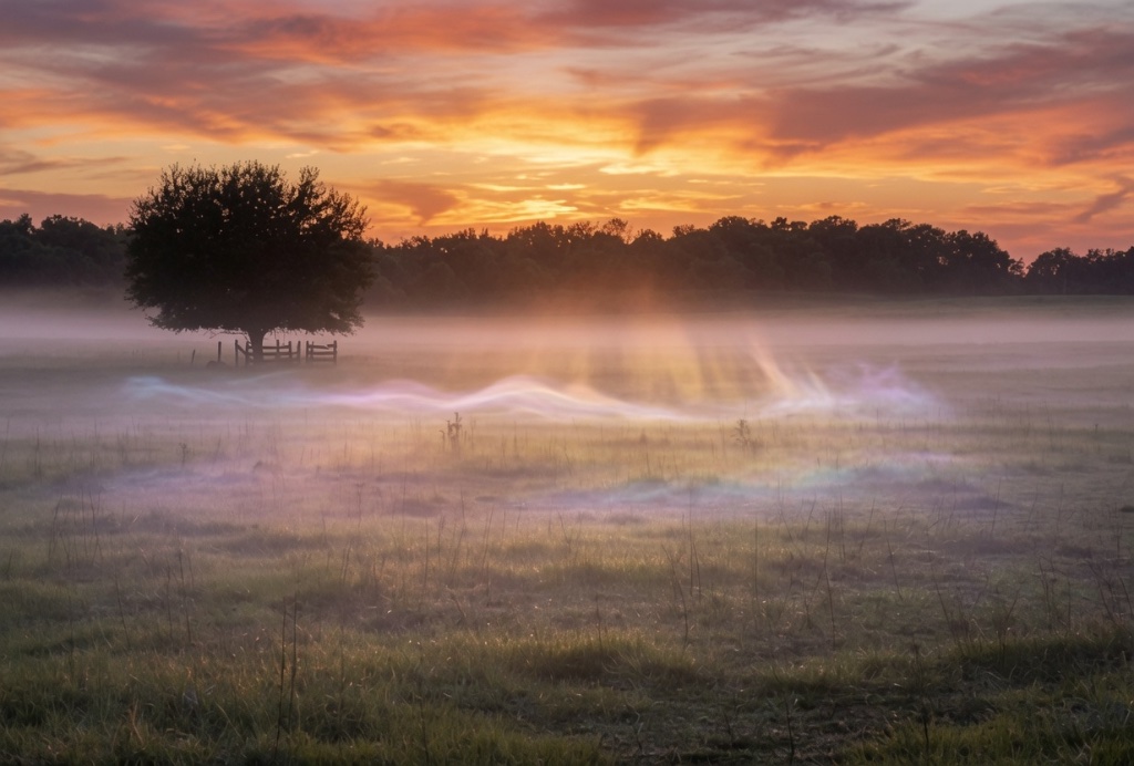 A mist-covered field glowing with iridescent light at sunset, a lone oak silhouetted against a fiery horizon and crepuscular rays