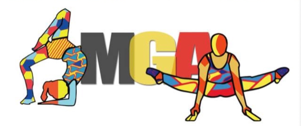 The MGA Gymnastics split logo — a colorful geometric gymnast in the splits