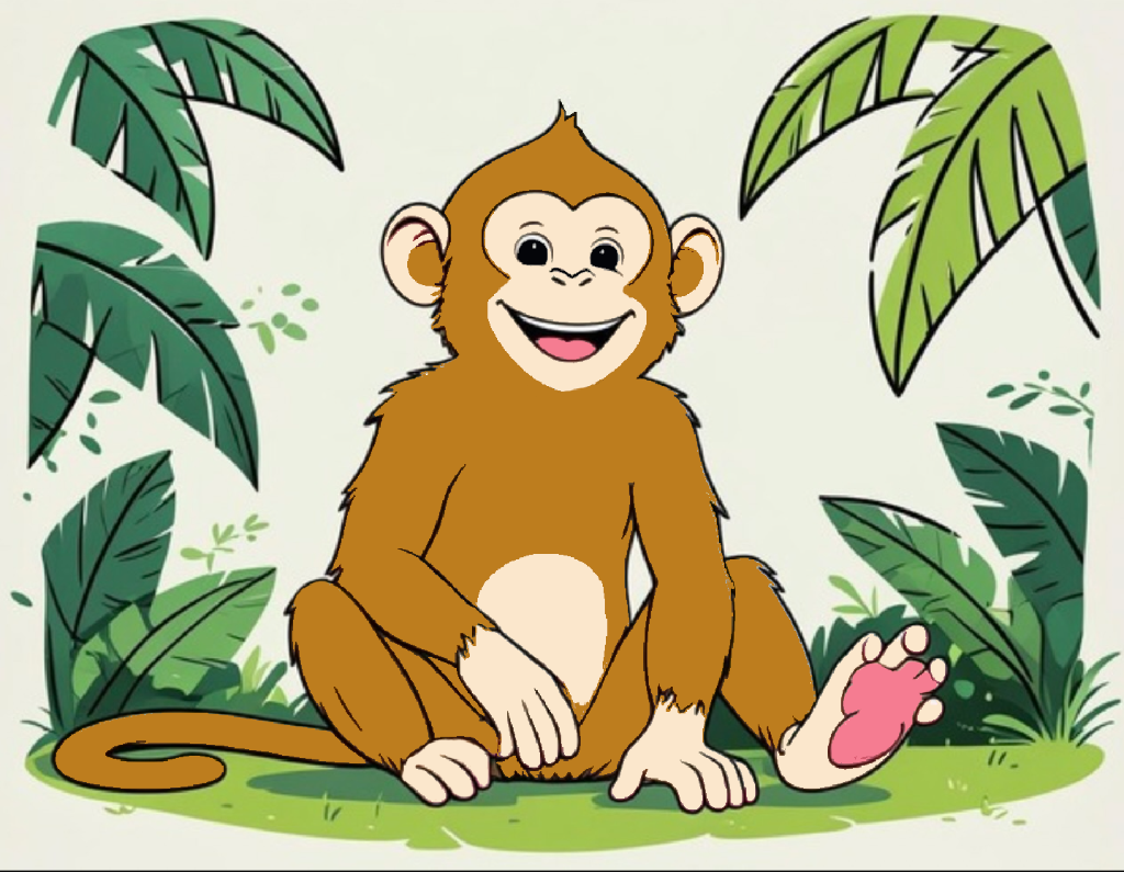 A cartoon monkey among jungle leaves