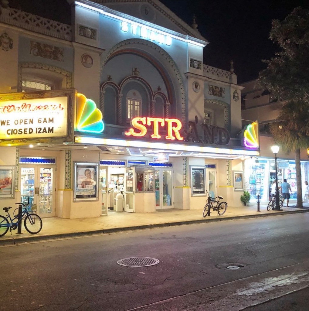 The historic Strand Theater lit up at night