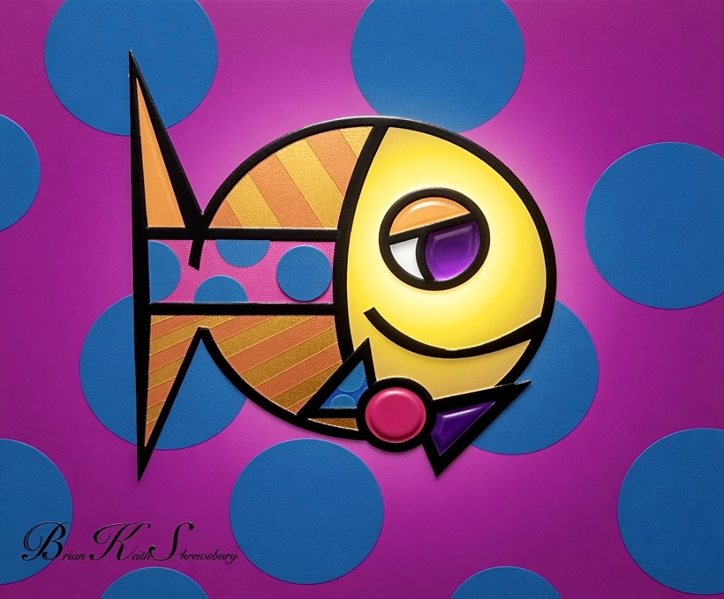 A pop-art fish in yellow, orange, and pink swimming across a magenta field of blue polka dots, signed Brian Keith Shrewsbury