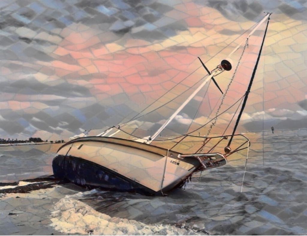 A stylized painting of a sailboat run aground at sunset