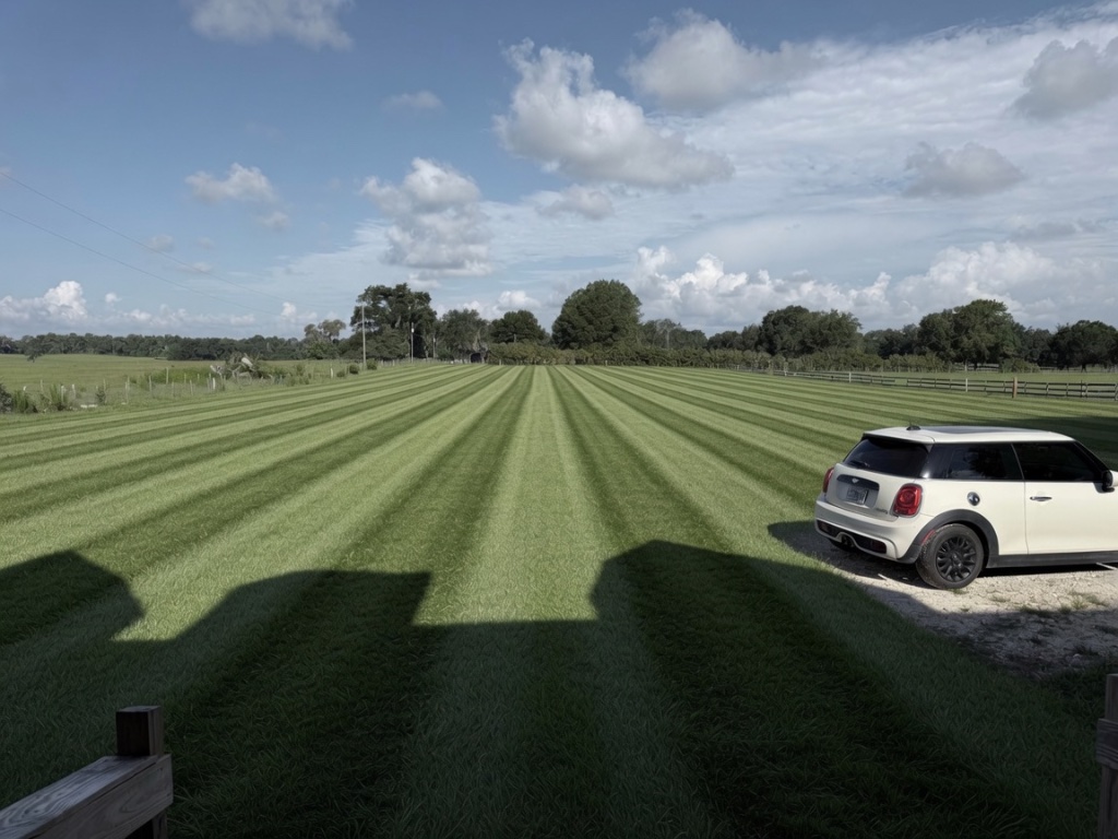 A white Mini Cooper sits parked on the gravel beside the freshly mowed lawn, the farmhouse quiet in the background