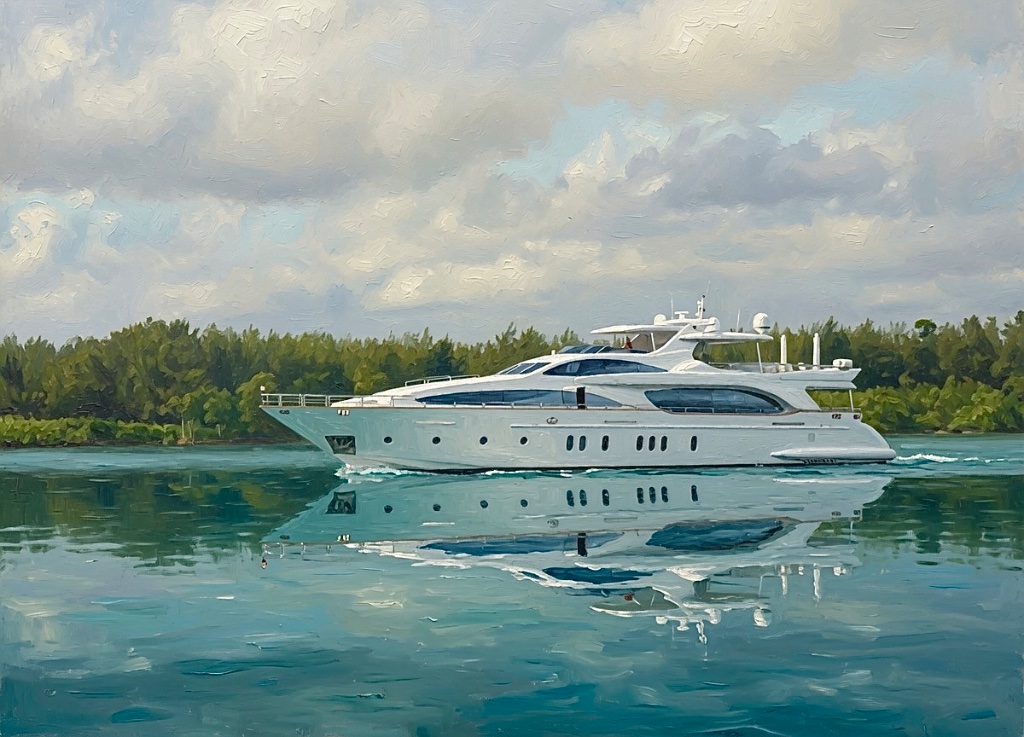 A painterly white motor yacht gliding across calm turquoise water, mangroves on the horizon under a soft cloudy sky