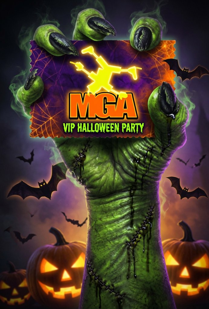 MGA Gymnastics "VIP Halloween Party" flyer — a green stitched monster hand rising against a purple-and-orange sunset sky of bats and a pumpkin