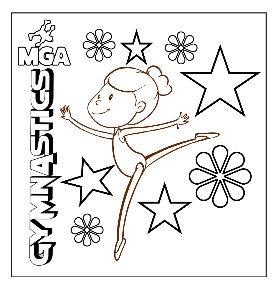 An MGA Gymnastics cartoon coloring page of a girl leaping among stars