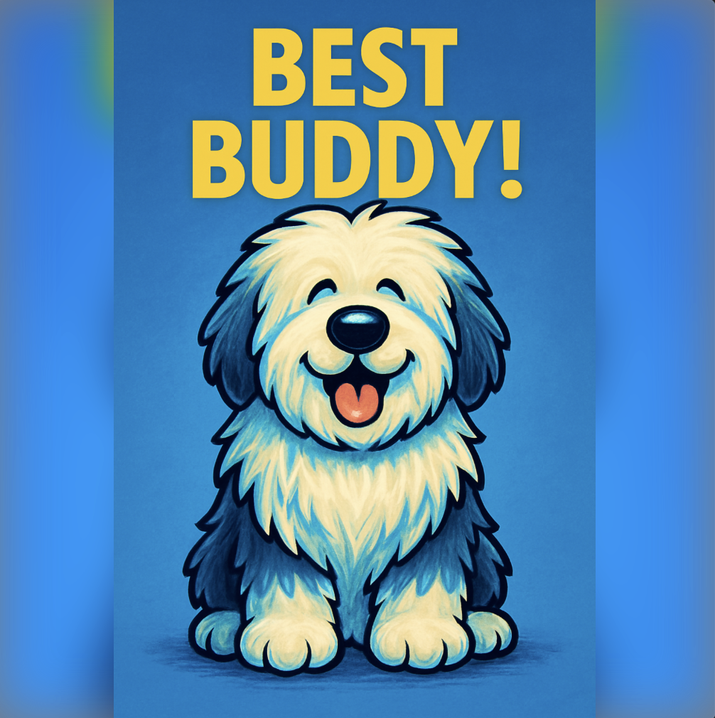 A "Best Buddy!" poster featuring a fluffy sheepdog puppy