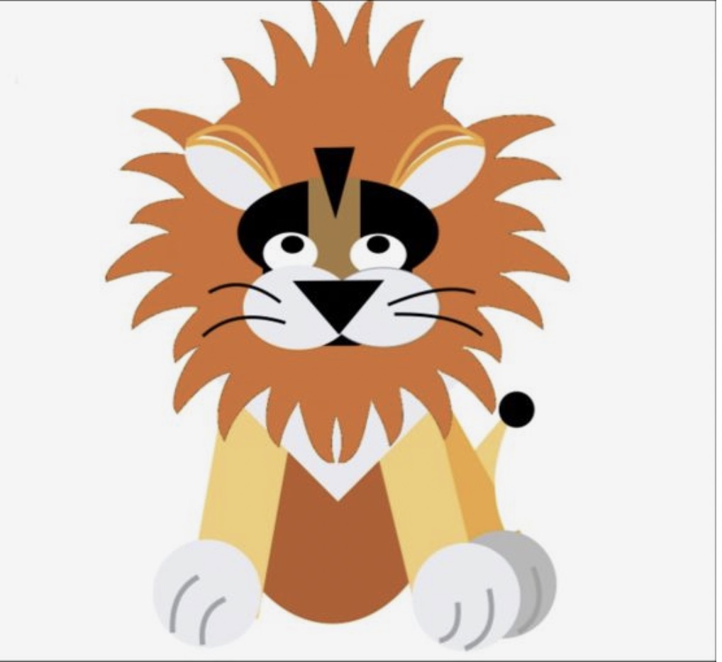 A stylized geometric cartoon lion illustration with a large orange mane