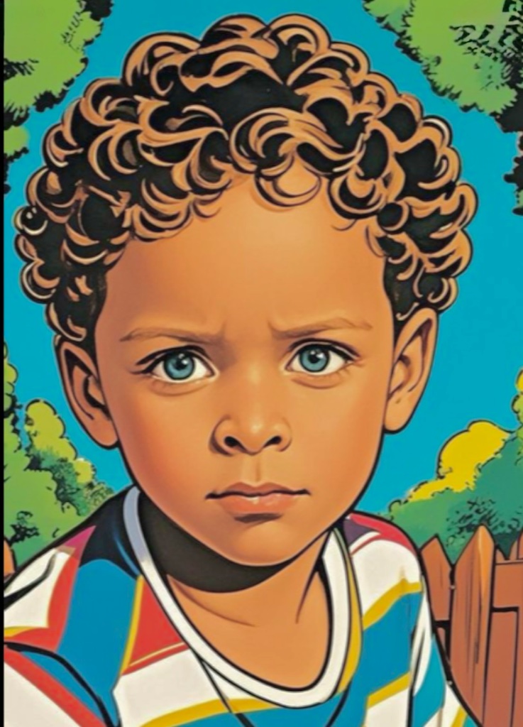 A pop-art portrait of a boy with curly hair by a fence