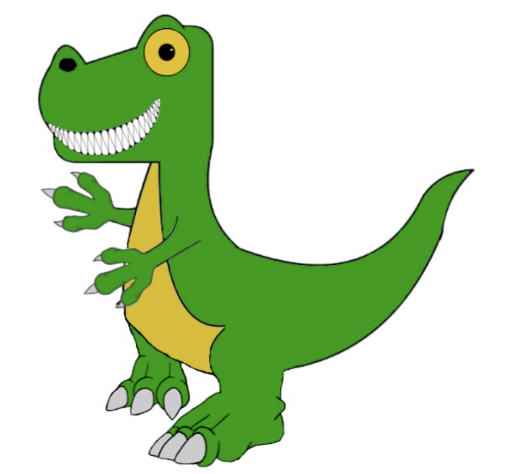 A green cartoon dinosaur with white teeth and yellow eyes