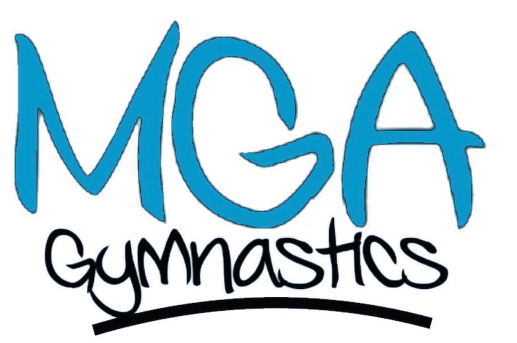 The MGA Gymnastics logo in blue brush script