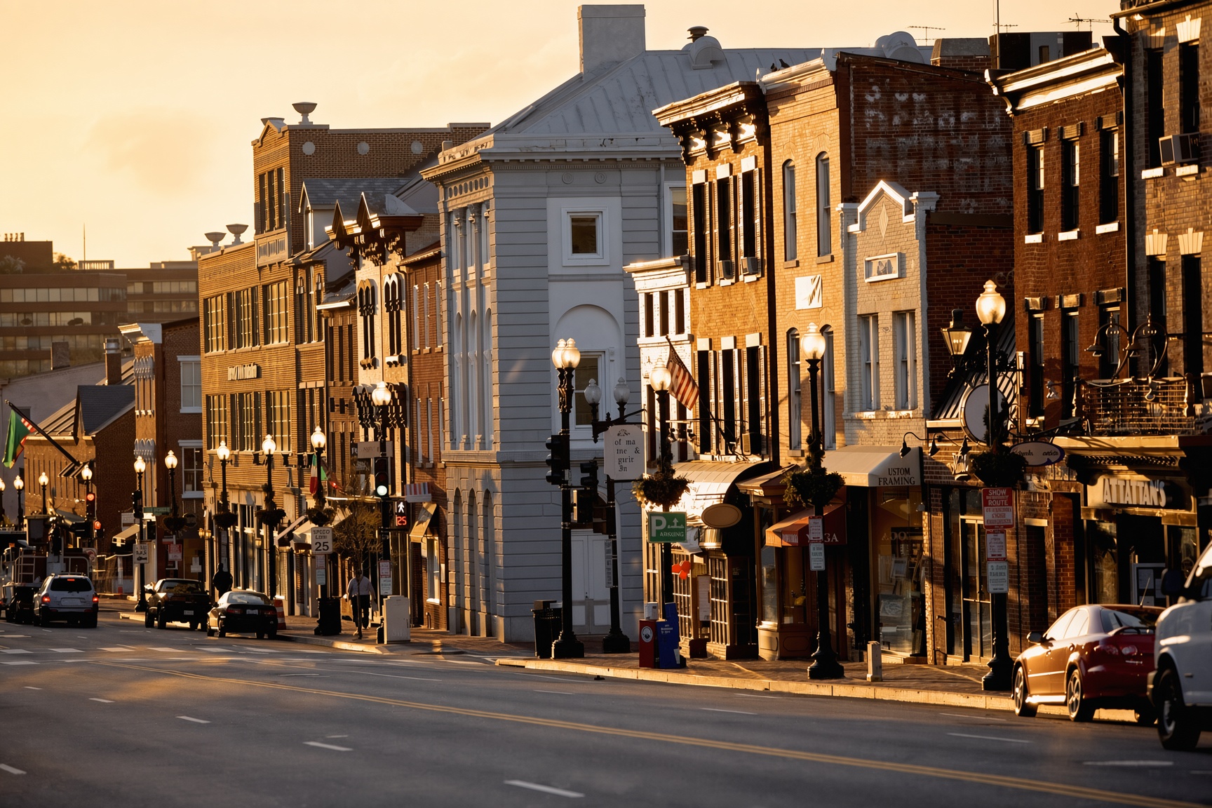 Georgetown in Washington DC at golden hour — warm brick storefronts and streetlamps lining M Street