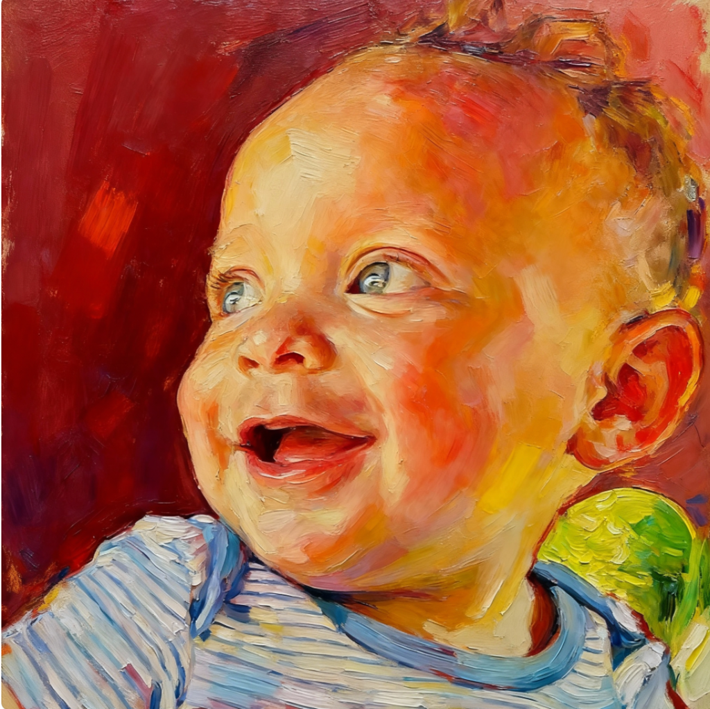 An oil-painted portrait of a laughing baby's face