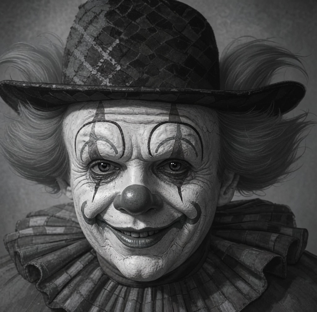 A weathered clown portrait in a plaid bowler hat
