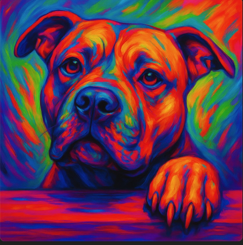 A vibrant, colorful painting of a pitbull resting its paw on a ledge