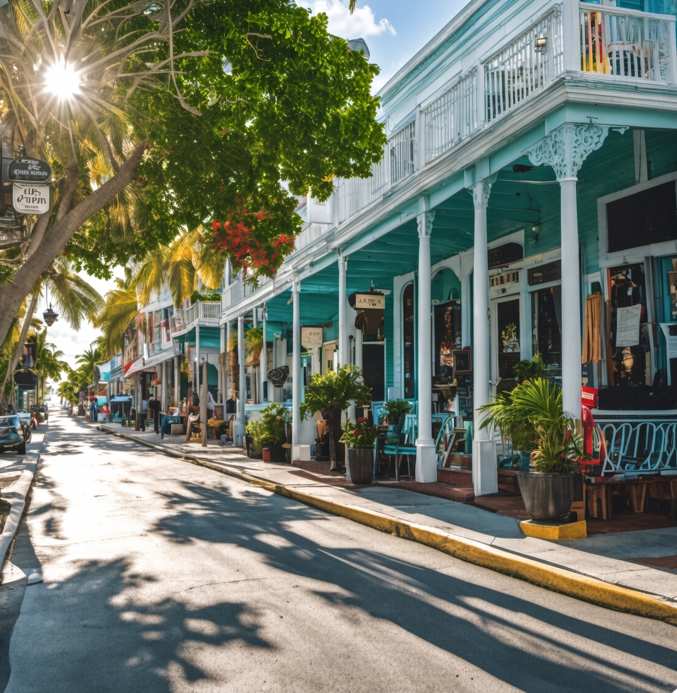 A sunny Key West sidewalk with turquoise shopfronts and red flowering trees