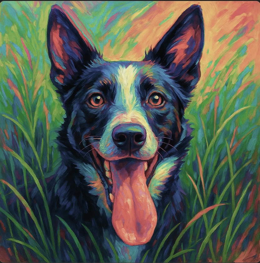A vividly painted Australian cattle dog with its tongue out, grinning in the grass