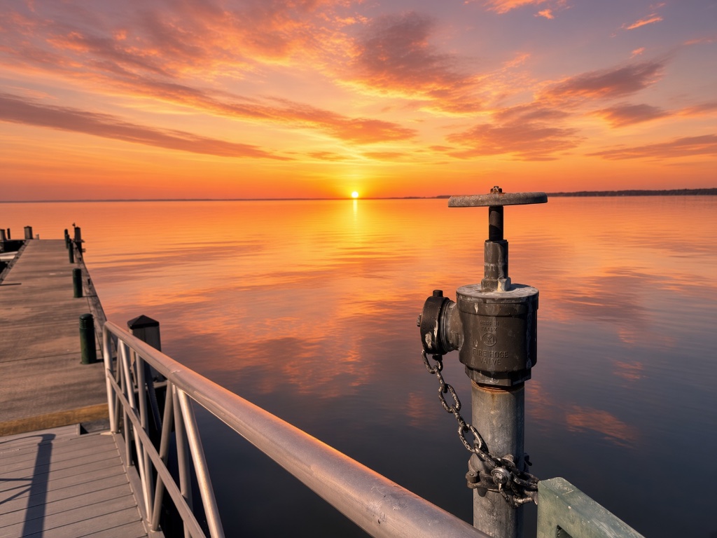 A woman leans on a wooden dock railing watching the fiery reflection on a wide river at sunset