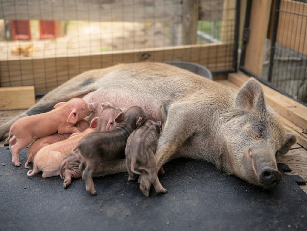 A resting sow lies still on the rubber mat inside the pen, her new litter of piglets nudging and nursing in a row