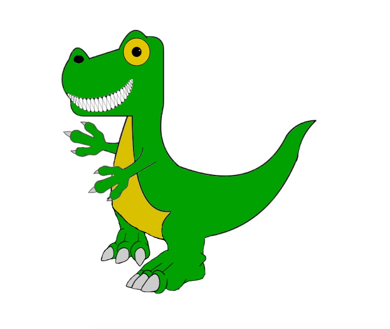 A bright green cartoon T-Rex dinosaur standing in profile