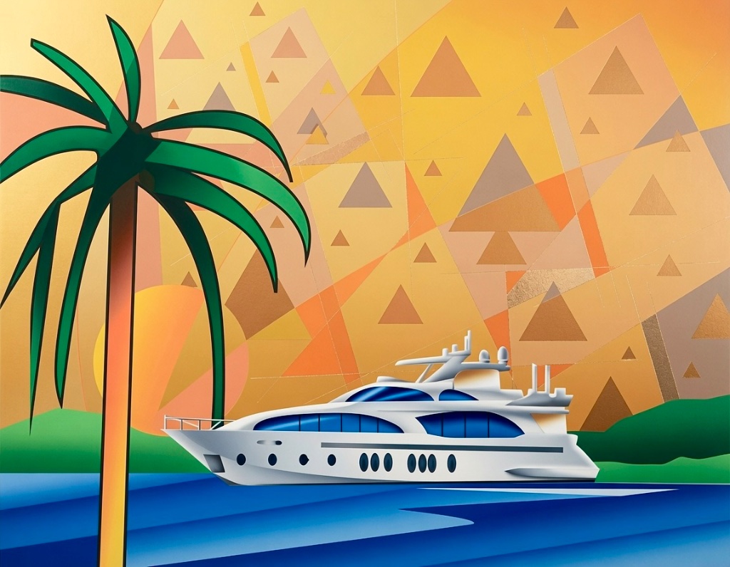 A geometric pop-art scene of a white luxury yacht sailing past a palm tree under a mosaic gold sky