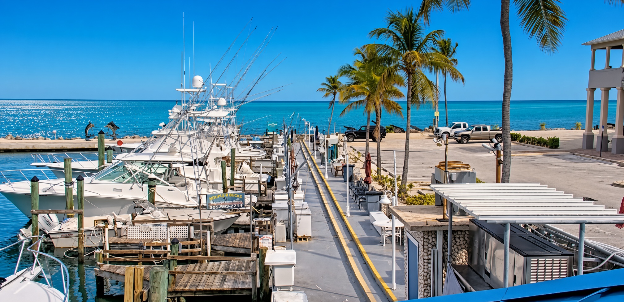 Key West marina with charter fishing boats lined at the dock, palm trees and blue sky behind