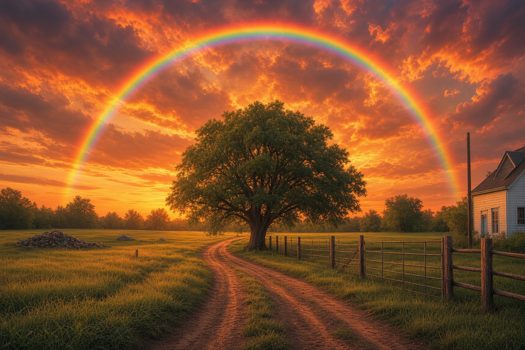A full rainbow arching over a lone oak tree and a dirt-road farm at fiery sunset