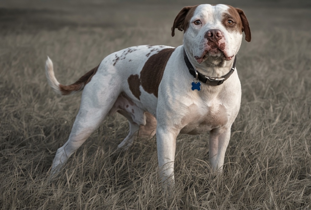 A sturdy white and brown dog standing watch over the dry field