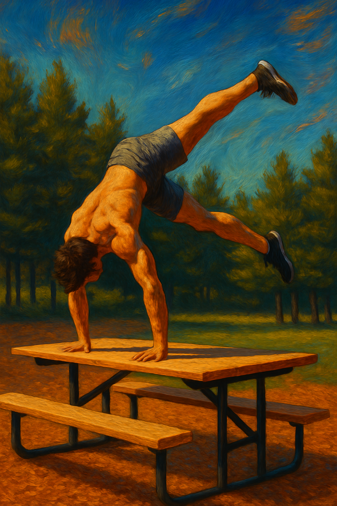 A guy doing a handstand on a picnic table in the forest