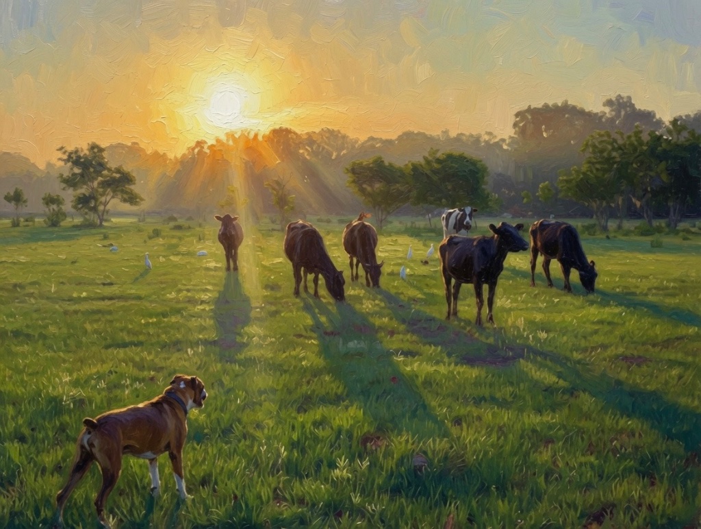 A boxer dog watching a herd of cattle graze at sunrise, golden sunbeams pouring diagonally across the pasture with egrets at their feet