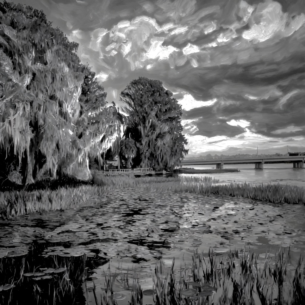 A painterly rendering of cypress trees along the lake