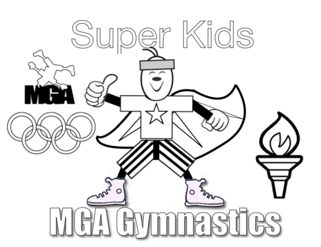 "Super Kids" MGA Gymnastics coloring page line art with a superhero mascot
