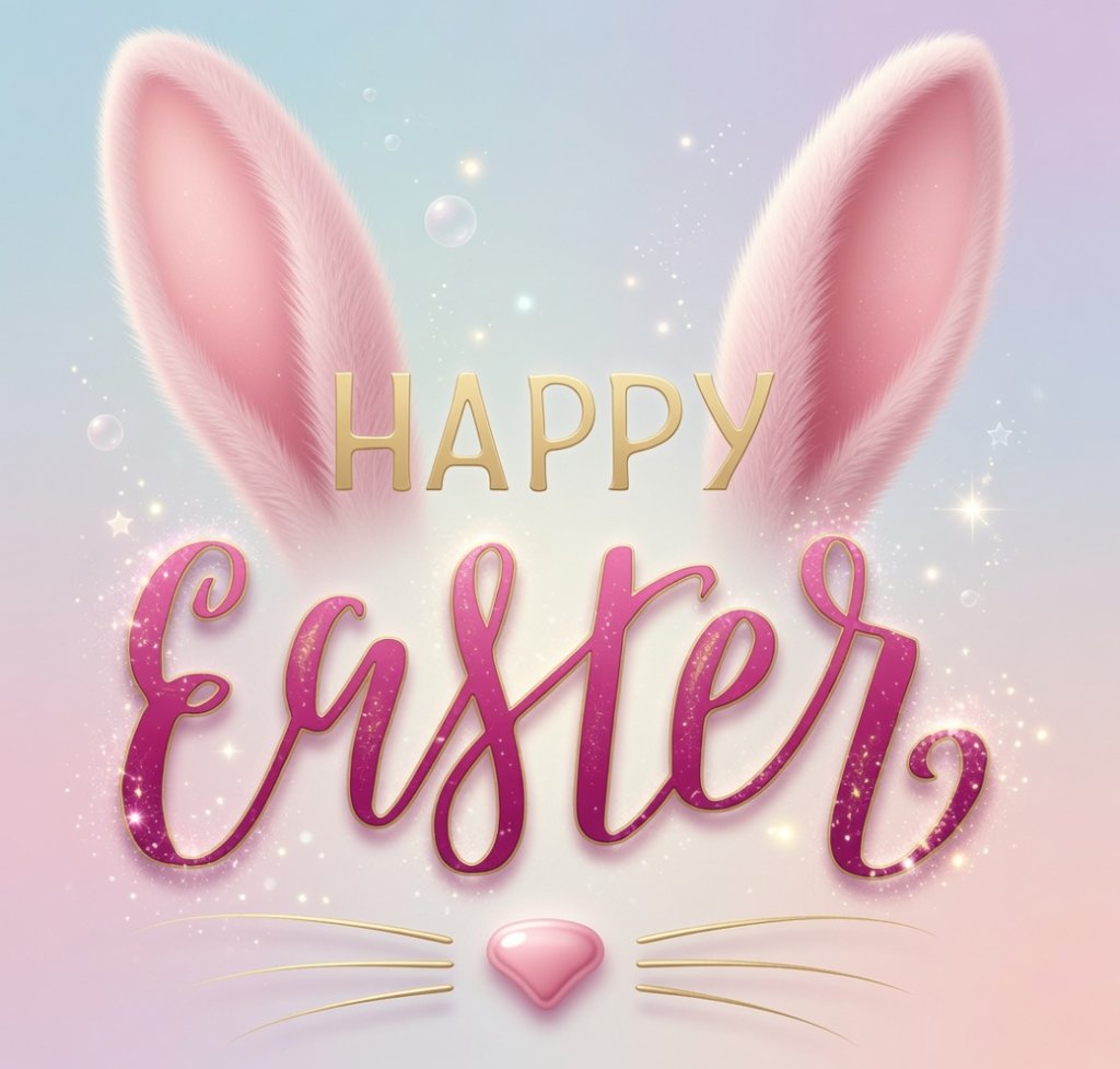 An MGA Gymnastics "Happy Easter" logo with pink bunny ears, a pink nose, and a sparkly backdrop