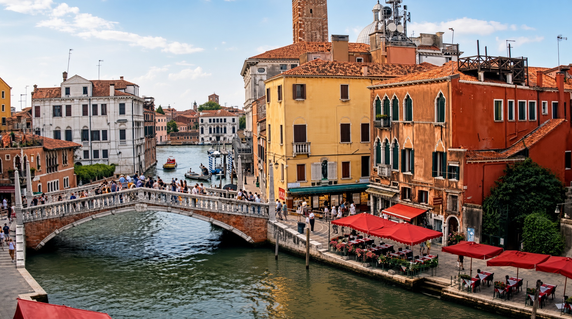 A Venice bridge and canal at golden hour, red café umbrellas and Venetian architecture in the background