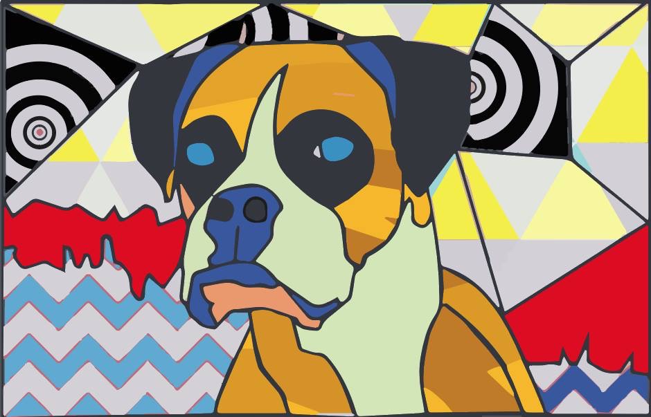 A digital illustration of a dog in a pop-art style