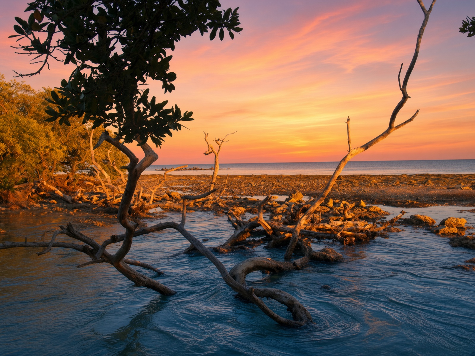Mangrove trees silhouetted against a vivid pink and orange Florida coastal sunset