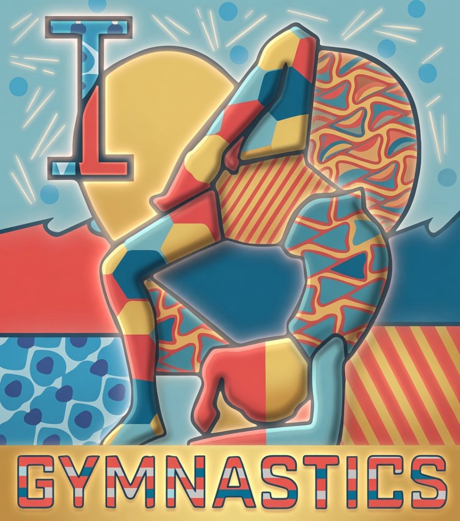A vibrant abstract-patterned painting of a gymnast arched in a backbend pose, built from red, blue, yellow, and orange color blocks