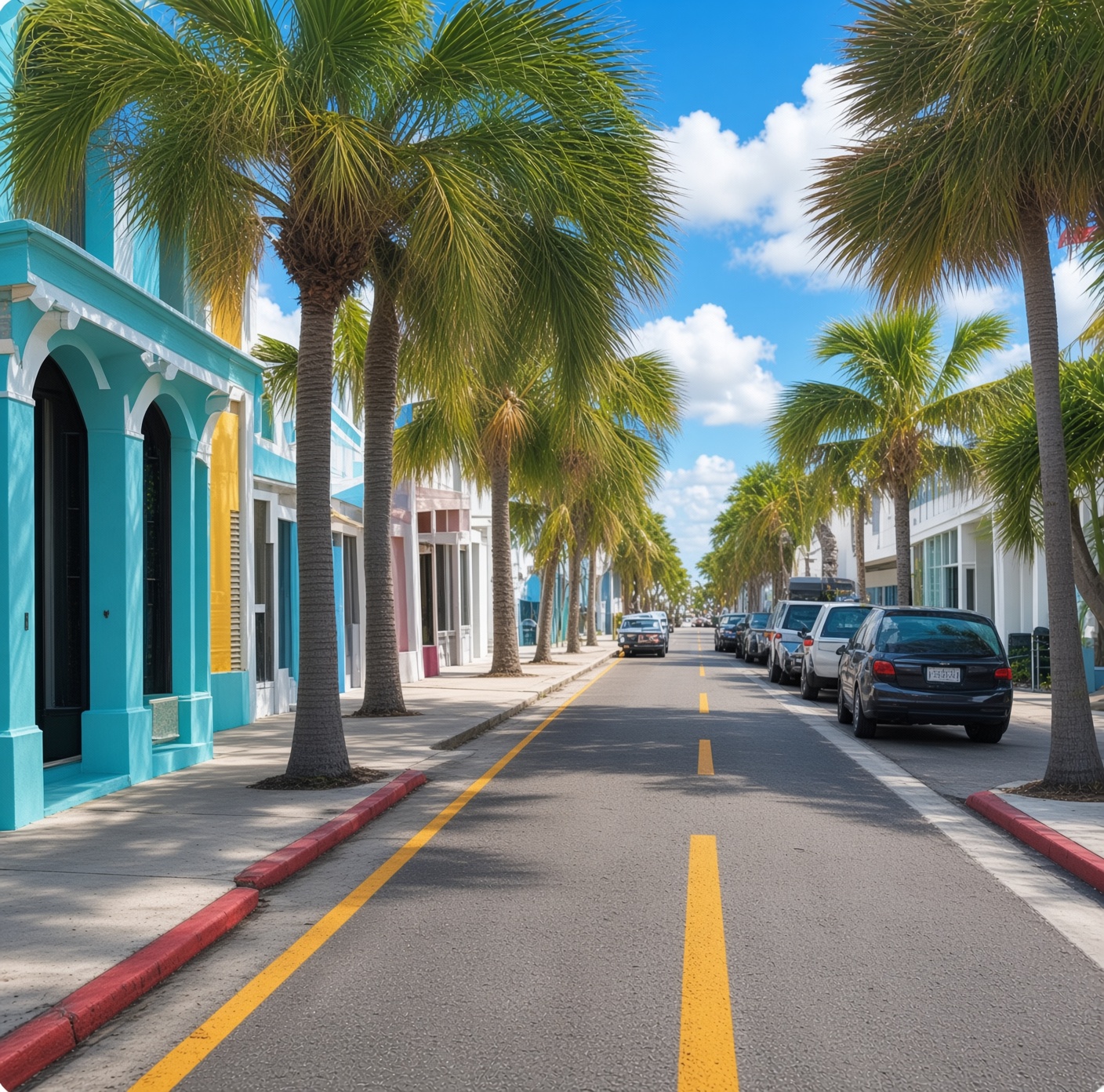 A palm-lined avenue of colorful pastel storefronts in Key West under a blue sky