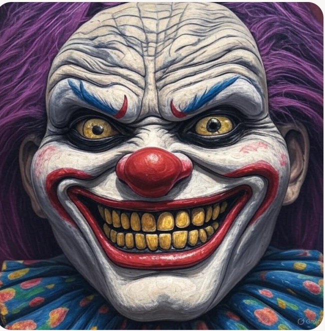 A textured, wide-grinning clown with purple hair and golden teeth